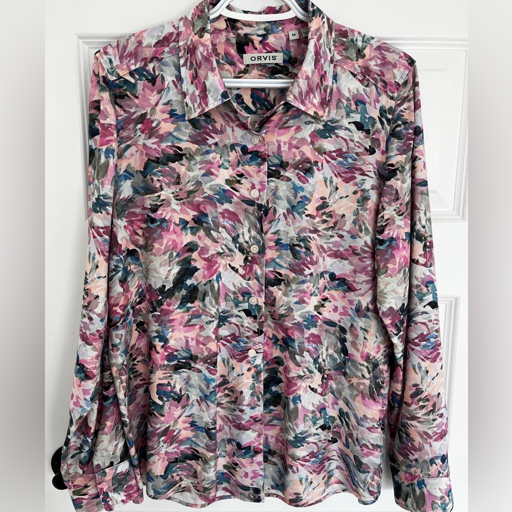 Orvis Pink Multi Floral-Print Long-Sleeve Button Blouse